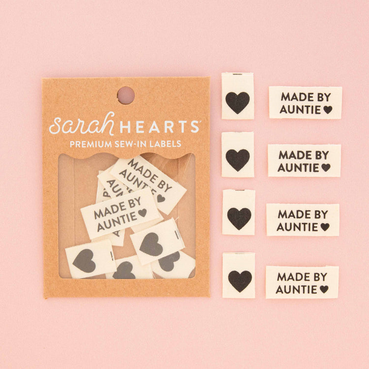 Organic Cotton Sew In Labels - Made by Auntie + Black Hearts Multipack - 8 pack