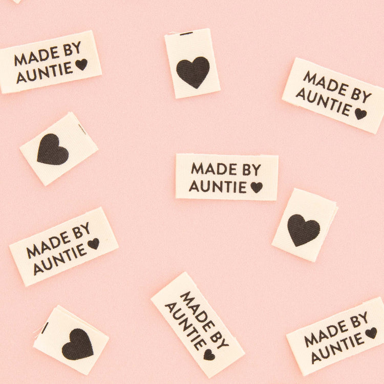 Organic Cotton Sew In Labels - Made by Auntie + Black Hearts Multipack - 8 pack