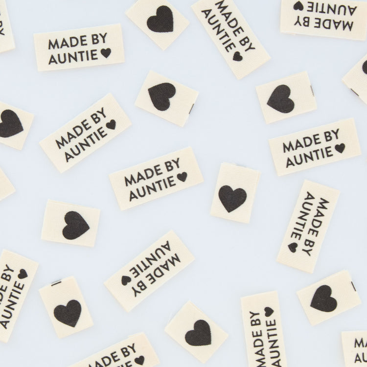 Organic Cotton Sew In Labels - Made by Auntie + Black Hearts Multipack - 8 pack
