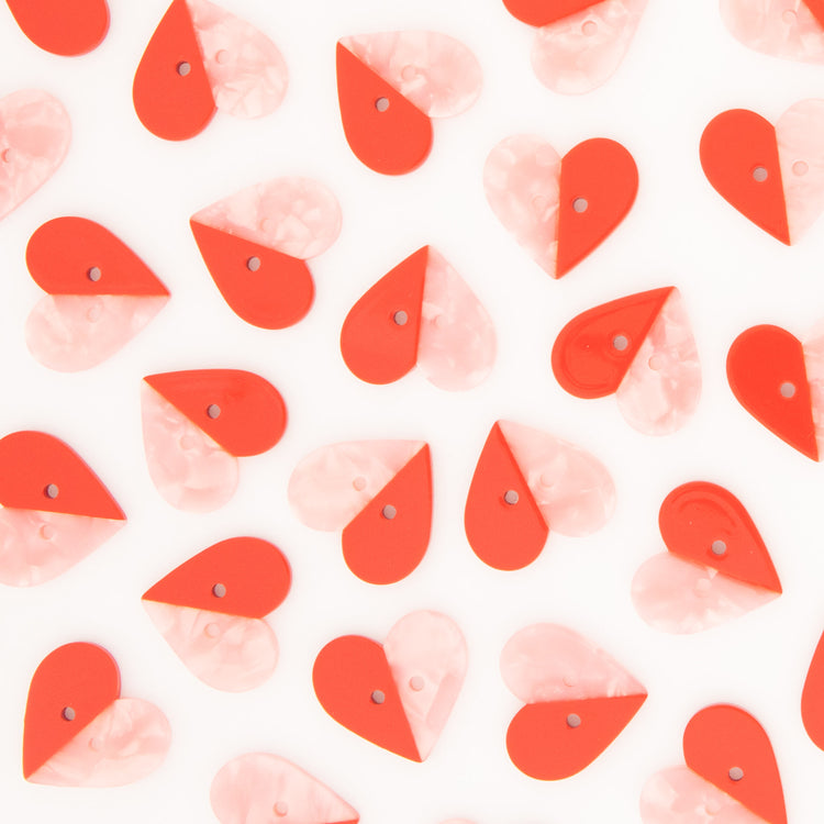 Red + Pink Two Toned Heart Buttons - 1" (25mm) - 6 pack