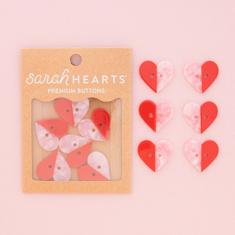 Red + Pink Two Toned Heart Buttons - 1" (25mm) - 6 pack